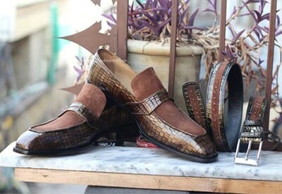 Crafted Leather Handmade Men Genuine Brown Suede Crocodile Leather Dress Shoes 