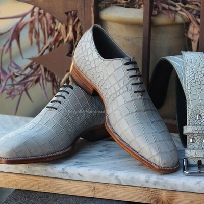 Crafted leather bespoke handmade men crocodile leather classic dress shoes with matching belt - Thumbnail 5