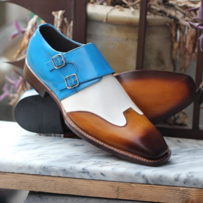 Crafted leather handmade tri tone leather monk strap dress shoes - Thumbnail 5