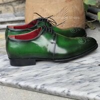 Crafted Leather New Men's Handmade Green Patina Leather Lace up Oxford Dress Formal Shoes - Thumbnail 1