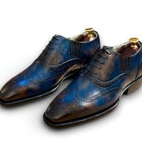 Crafted Leather Handmade Classic Derby Blue Brown Calf Oxford Dress Shoes For Men - Thumbnail 1