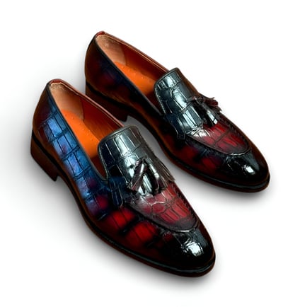 Crafted Leather Handmade Burgundy Patina Leather Classic  Alligator/Crocodile Tassel Loafers Dress Shoes