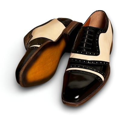 Crafted leather handmade men black white leather lace up formal dress shoes - Thumbnail 3