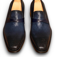 Crafted Leather Handmade Men Classic Blue Stingray Leather Moccasin Loafers Dress Shoes - Thumbnail 1