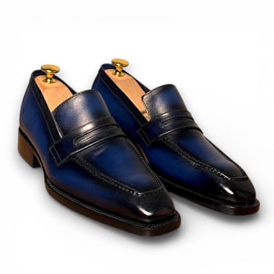 Crafted leather handmade men blue leather loafers dress shoes - Thumbnail 5