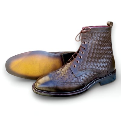 Crafted Leather Handmade Brown Woven Leather Classic Ankle High Boot
