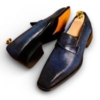 Crafted Leather Handmade Men Blue Stingray Leather Loafers Moccasin Dress Shoes - Thumbnail 1