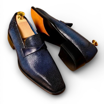 Crafted leather handmade men blue stingray leather loafers moccasin dress shoes - Thumbnail 5