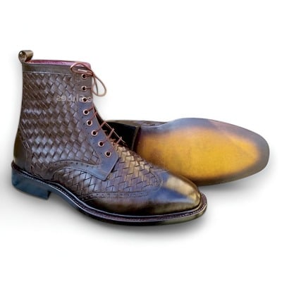 Crafted leather handmade brown woven leather ankle high boot - Thumbnail 5
