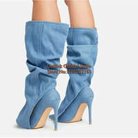 Modern Black Stretch Cloth Loosed Boots Open Toe Cover Heels Cut Out Blue Denim Gladiator Sandals Boots Plus Size 43 - Thumbnail 2
