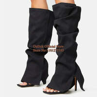 Modern Black Stretch Cloth Loosed Boots Open Toe Cover Heels Cut Out Blue Denim Gladiator Sandals Boots Plus Size 43 - Thumbnail 3