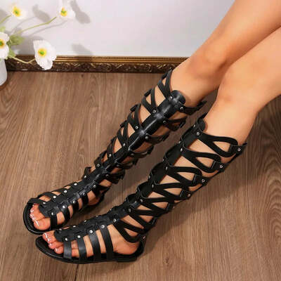 Women Summer Cool Boots Sexy Open Toe Cut-out Gladiator Flat  Fashion Rome Back Zipper  Street Style  Sandals Shoes