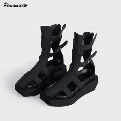 Ins style Fashion Black Square toe Wedges Women Summer Sandals Boots Casual Flats Zipper Gladiator Sandals Girls Chunky Shoes