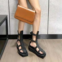 Ins style Fashion Black Square toe Wedges Women Summer Sandals Boots Casual Flats Zipper Gladiator Sandals Girls Chunky Shoes - Thumbnail 2