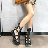 Ins style Fashion Black Square toe Wedges Women Summer Sandals Boots Casual Flats Zipper Gladiator Sandals Girls Chunky Shoes - Thumbnail 3