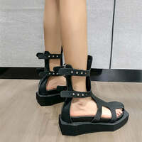 Ins style Fashion Black Square toe Wedges Women Summer Sandals Boots Casual Flats Zipper Gladiator Sandals Girls Chunky Shoes - Thumbnail 4