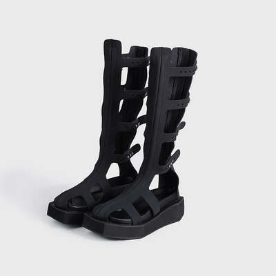 Ins style Black Square toe Hollow out Knee-High Women Summer Sandals Boots Fashion Wedges Zipper Flats Gladiator Sandal Shoes