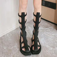 Ins style Black Square toe Hollow out Knee-High Women Summer Sandals Boots Fashion Wedges Zipper Flats Gladiator Sandal Shoes - Thumbnail 3