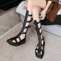 Ins style Black Square toe Hollow out Knee-High Women Summer Sandals Boots Fashion Wedges Zipper Flats Gladiator Sandal Shoes - Thumbnail 4