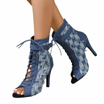 Rubber Sole Latin Dance Boots Sexy Modern Shoes Dance High-heeled 6-8cm Sandals Lace-up Hollow Belt Buckle Fashion Square Denim