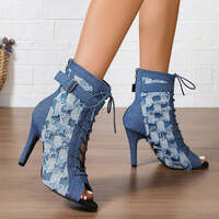 Rubber Sole Latin Dance Boots Sexy Modern Shoes Dance High-heeled 6-8cm Sandals Lace-up Hollow Belt Buckle Fashion Square Denim - Thumbnail 3