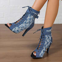 Rubber Sole Latin Dance Boots Sexy Modern Shoes Dance High-heeled 6-8cm Sandals Lace-up Hollow Belt Buckle Fashion Square Denim - Thumbnail 4