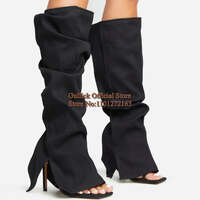 Modern Black Stretch Cloth Loosed Boots Open Toe Cover Heels Cut Out Blue Denim Gladiator Sandals Boots Plus Size 43 - Thumbnail 4