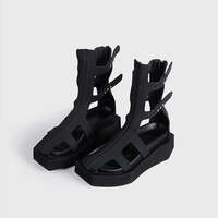 Ins style Fashion Black Square toe Wedges Women Summer Sandals Boots Casual Flats Zipper Gladiator Sandals Girls Chunky Shoes - Thumbnail 1