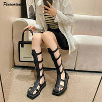 Ins style Black Square toe Hollow out Knee-High Women Summer Sandals Boots Fashion Wedges Zipper Flats Gladiator Sandal Shoes - Thumbnail 1