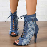 Rubber Sole Latin Dance Boots Sexy Modern Shoes Dance High-heeled 6-8cm Sandals Lace-up Hollow Belt Buckle Fashion Square Denim - Thumbnail 1