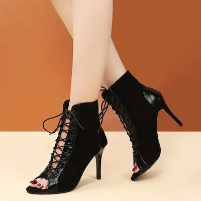 Sandals Hollow Mesh Heels Women's Shoes Summer  Trend Black Lace-Up Sexy Peep Toe Boots Stilettos Jazz Dance Female Shoes