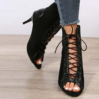 Sandals Hollow Mesh Heels Women's Shoes Summer  Trend Black Lace-Up Sexy Peep Toe Boots Stilettos Jazz Dance Female Shoes - Thumbnail 3