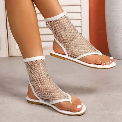 Summer Plus Size Women's Mesh Sandals Fashion Openwork Toe-Post Flat Sandal Booties with Rhinestones Sandals Boots Zapatos