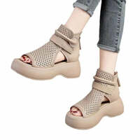 Sandals Boots Hollow for Womem Thick Sole Breathable Hole Shoes Fish Mouth Summer Comfortable  Hook & Loop Retro Women Sandals - Thumbnail 4