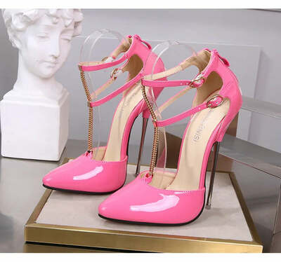 Crossdresser shoes zapatos mujer 16cm thin heels Pink women wedding Pumps Bridal Ankle Strap Patent Leather Stiletto sapato