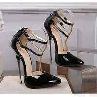 Crossdresser shoes zapatos mujer 16cm thin heels Pink women wedding Pumps Bridal Ankle Strap Patent Leather Stiletto sapato - Thumbnail 1