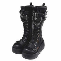 Motorcycle Boots Platform Boots for Women Wedges Knee High Black Lace Up Fashion Goth Gothic Boots Punk Shoes Girls Winter - Thumbnail 3