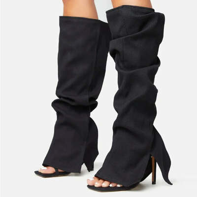 Modern Black Stretch Cloth Loosed Boots Open Toe Cover Heels Cut Out Blue Denim Gladiator Sandals Boots Plus Size 43