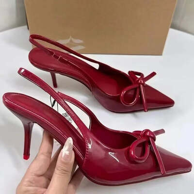 Women Sandals New Bow Slingbacks High Heels Sandals Women Sexy Pointed Toe Patent Leather Elegant High Heels Shoes for Women