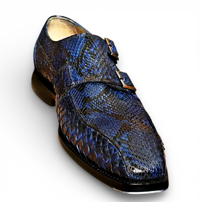Crafted leather handmade men blue python monk strap dress shoes - Thumbnail 3