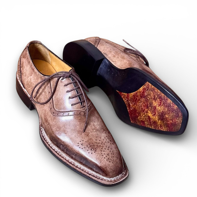 Crafted leather handmade men brown patina leather wingtip oxford dress shoes - Thumbnail 4