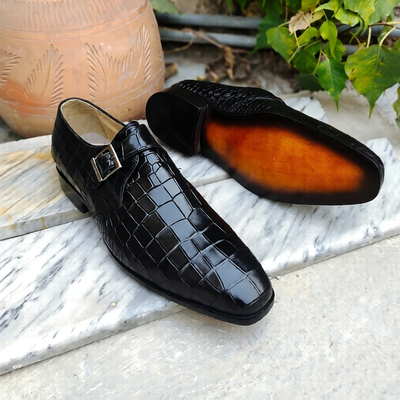Crafted leather men’s black crocodile leather monk strap dress shoes - Thumbnail 2