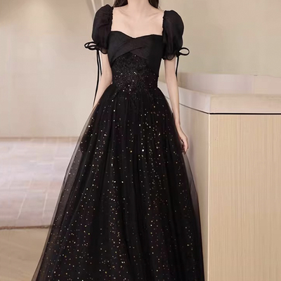 Black tulle lace long a-line prom party dress