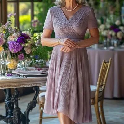 Simple a line chiffon pink tea-length mother of bride/groom dress evening formal gowns 