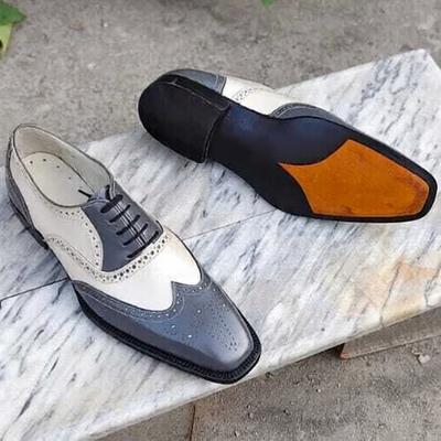 Crafted leather handmade men gray white leather wingtip oxford lace up dress shoes - Thumbnail 3