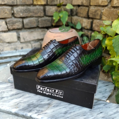 Crafted Leather Handmade Men Green Crocodile/Alligator Dress Shoes