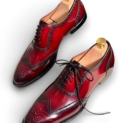 Crafted leather handmade men red patina leather wingtip oxford dress shoes - Thumbnail 3
