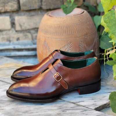 Crafted leather handmade men brown leather monk strap dress shoes - Thumbnail 3