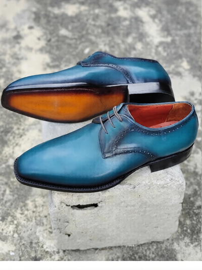 Crafted Leather Handmade Men Blue Leather Oxford Lace up Dress Shoes