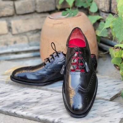 Crafted leather handmade men black leather oxford wingtip dress shoes - Thumbnail 3